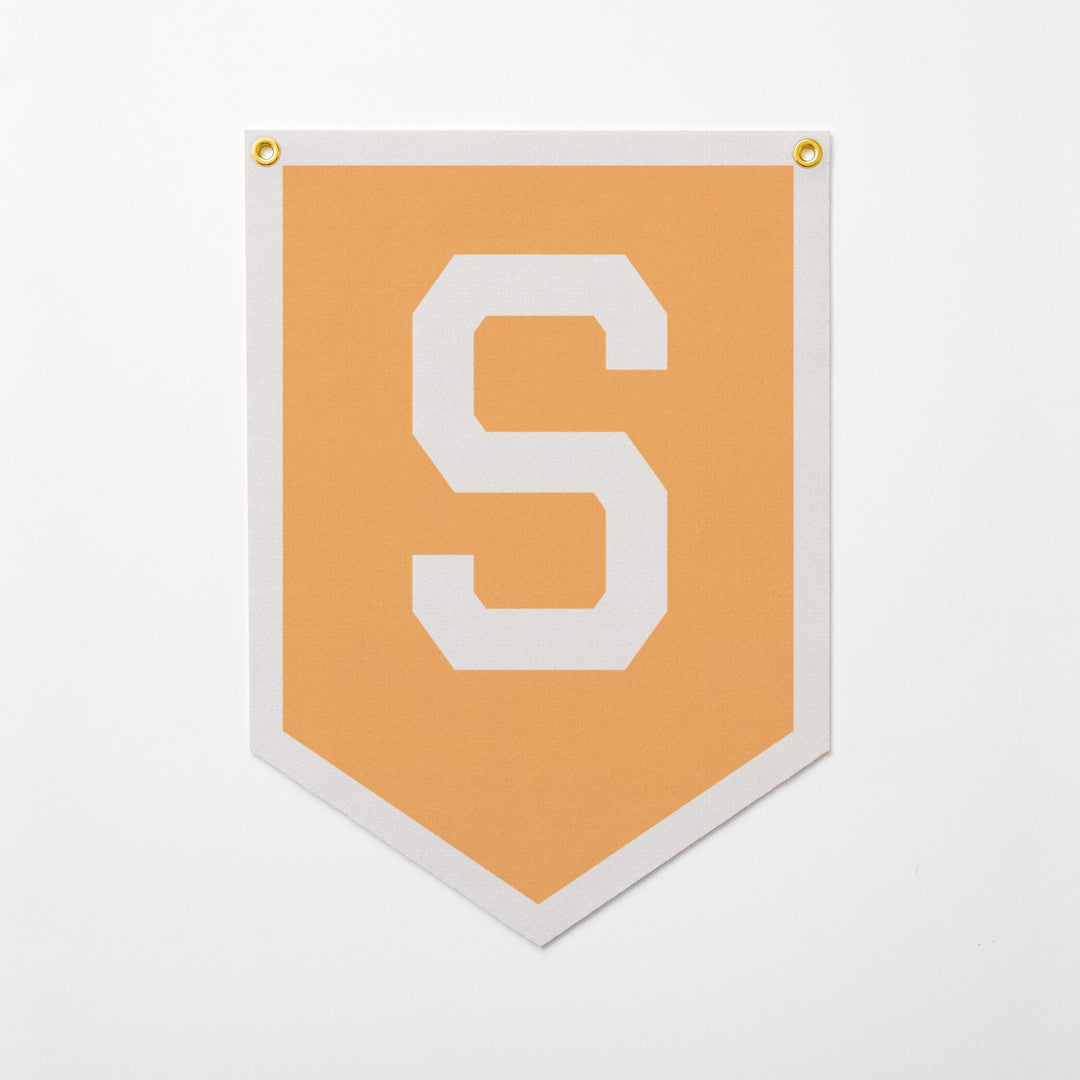 a banner with a large white letter &amp;