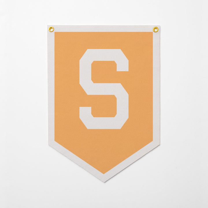 a banner with a large white letter &amp;