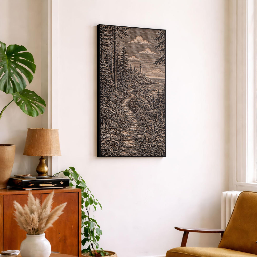 Maine Coastal Path to Lighthouse Engraved Birch Art Panel