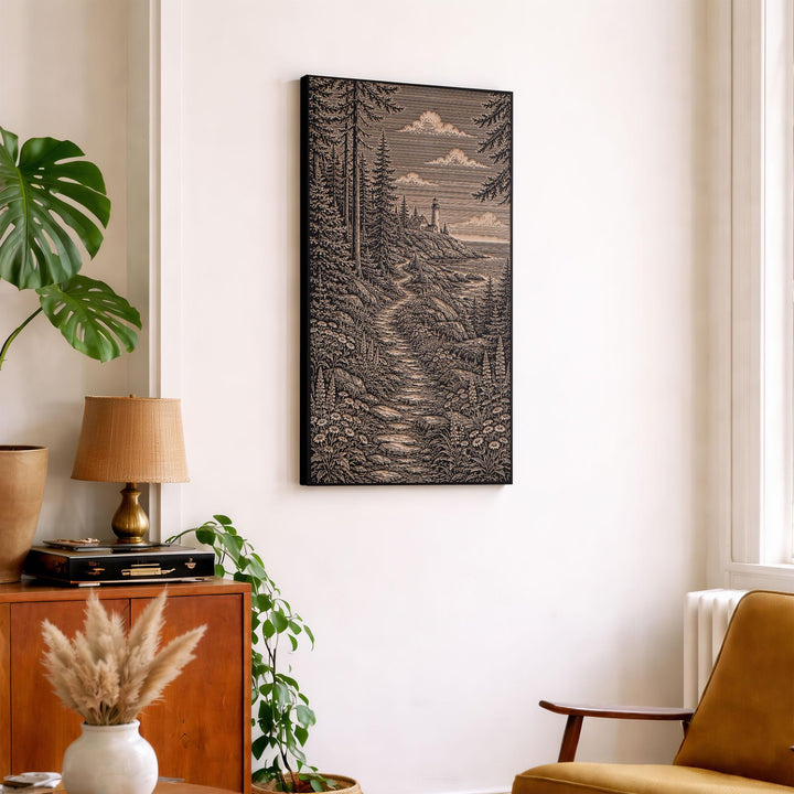 Maine Coastal Path to Lighthouse Engraved Birch Art Panel