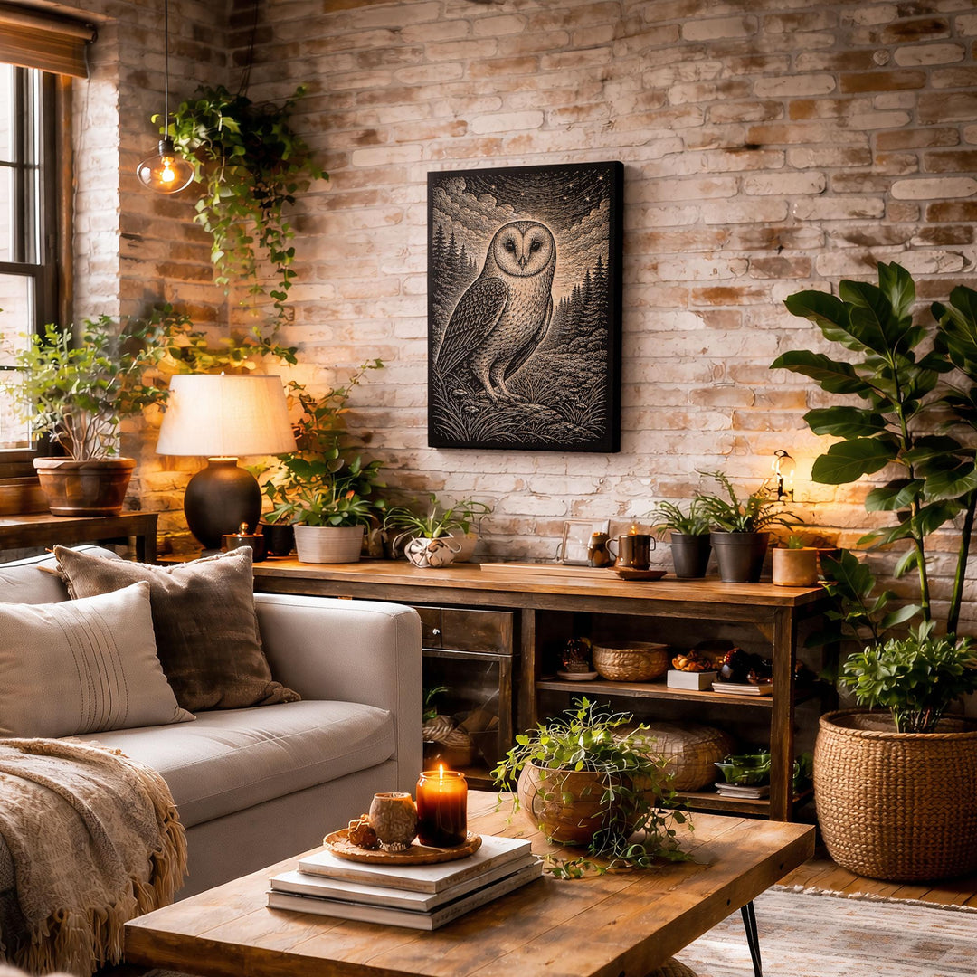 Barn Owl in Starry Night Engraved Birch Art Panel