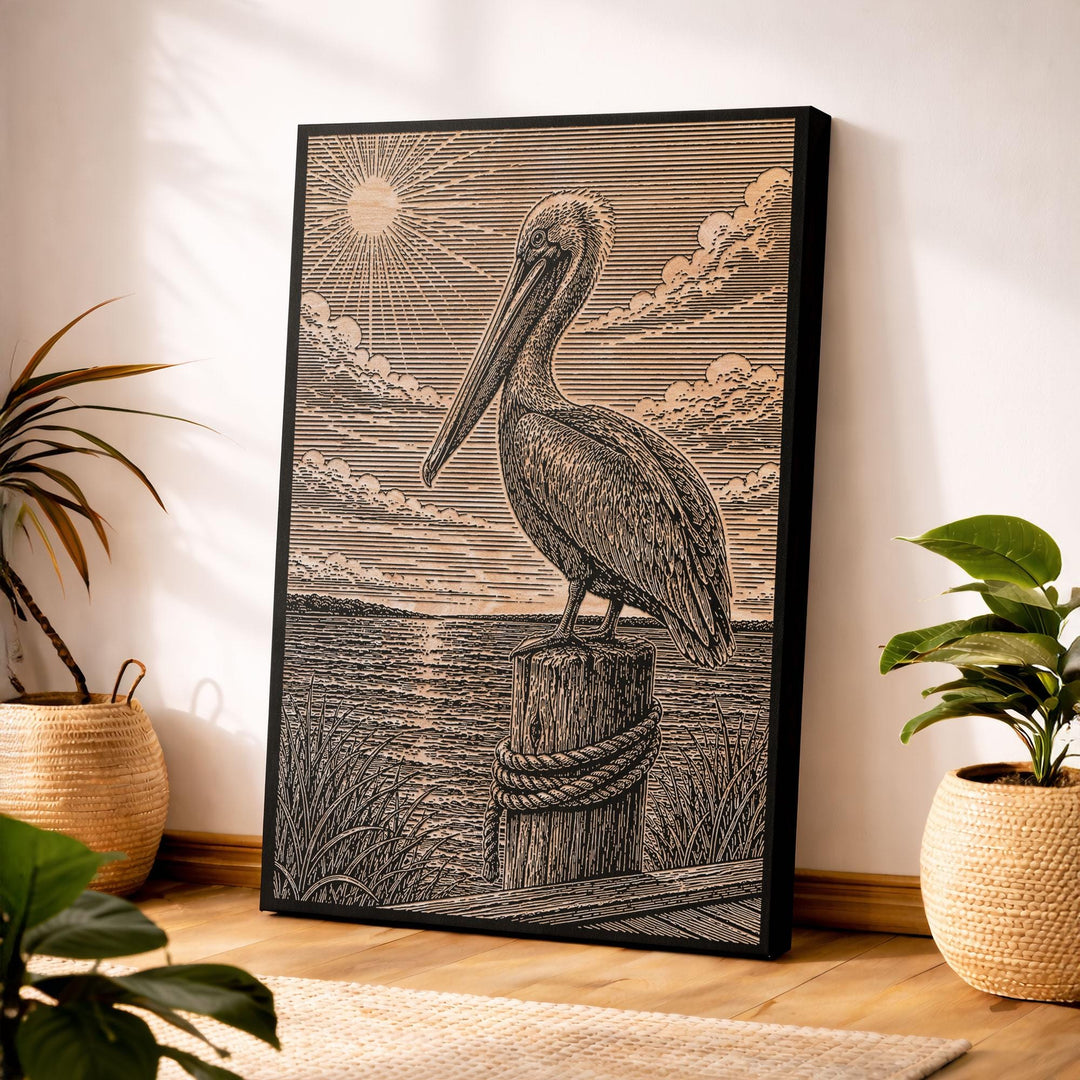 Pelican by the Seaside Dock Engraved Birch Art Panel