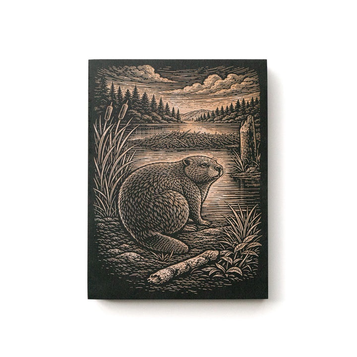 Beaver at Wetland Edge Engraved Birch Art Panel