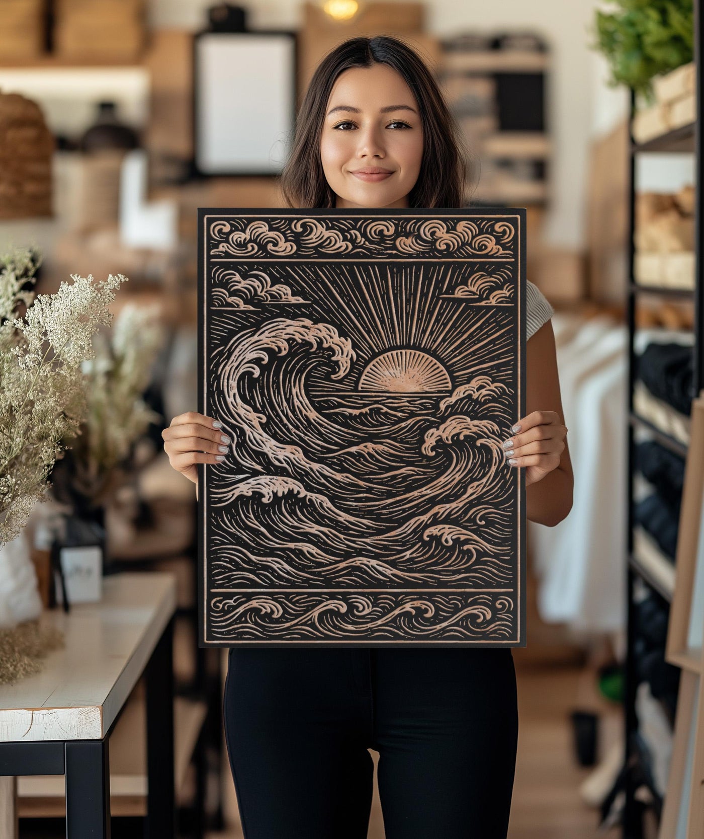 Ocean Sunset Engraved Birch Illustration