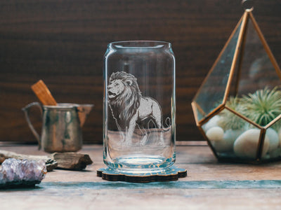 Lion Glasses | Personalized Safari Whiskey, Wine & Beer Etched Glassware Gift, African Wildlife Themed Drinkware, Memorable Trip Gift.