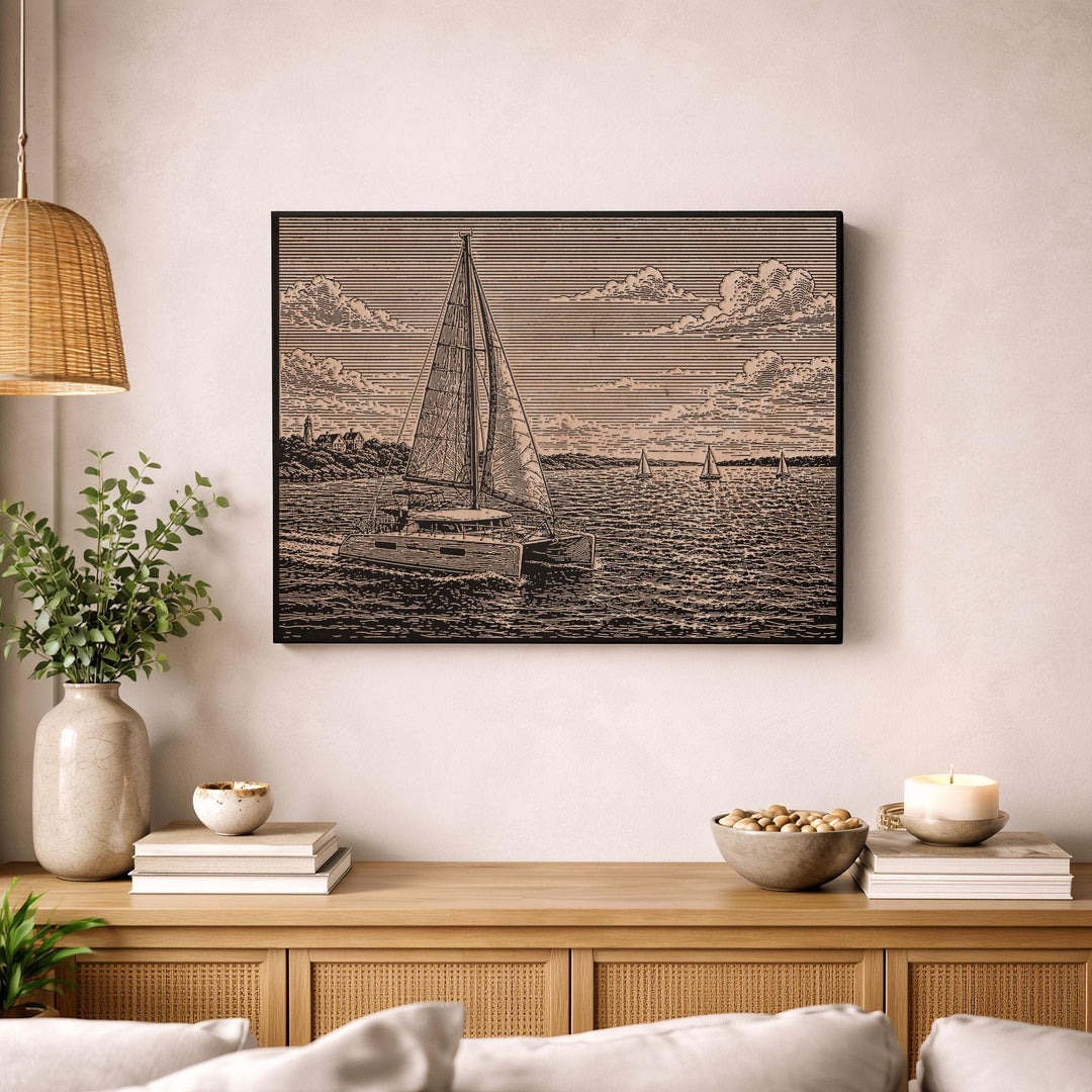 Catamaran Sailboat Engraved Illustration