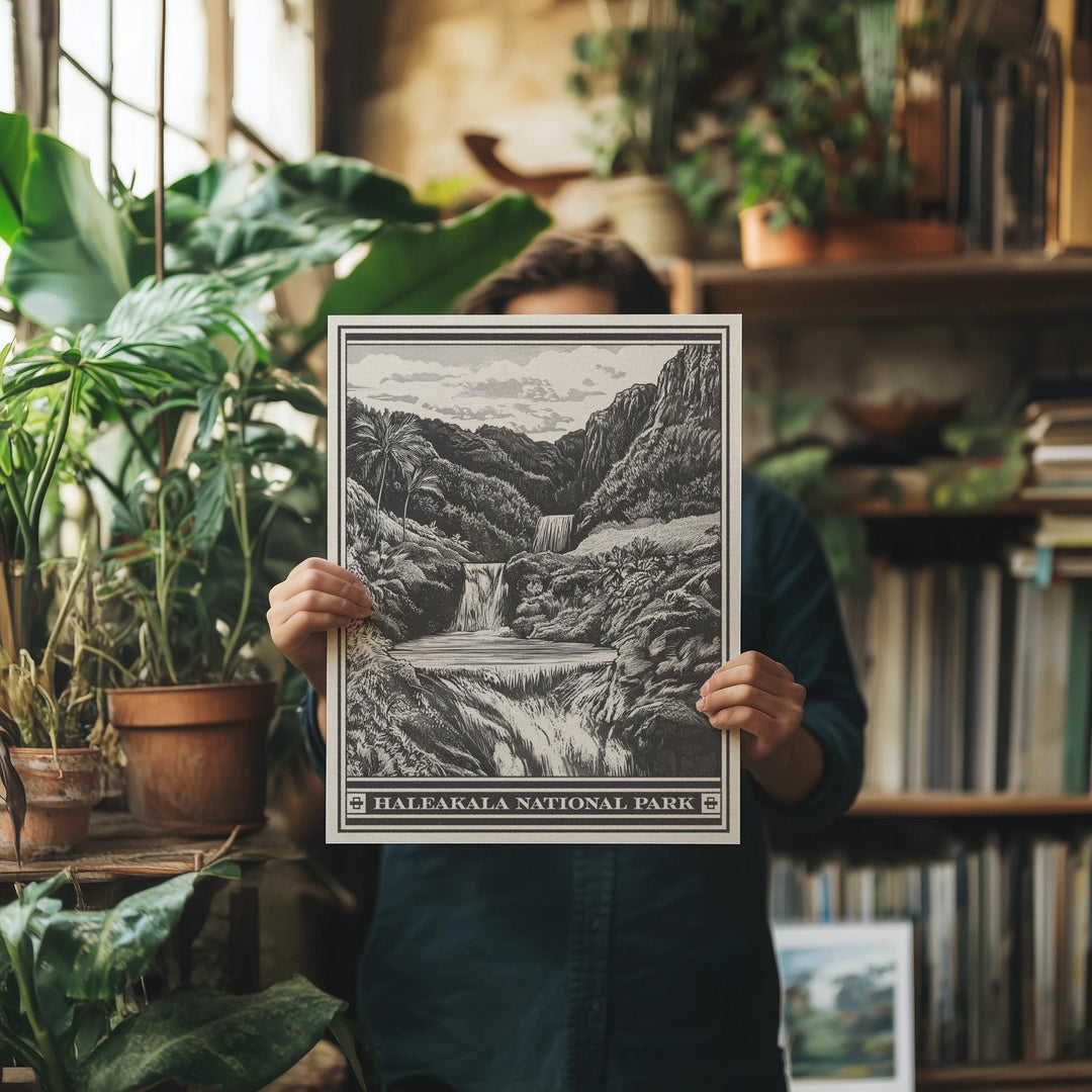 Haleakala National Park Seven Sacred Pools Lithograph Style Print - Vintage Maui Hawaii archival matte fine art print. Gift Waterfall Hawaii