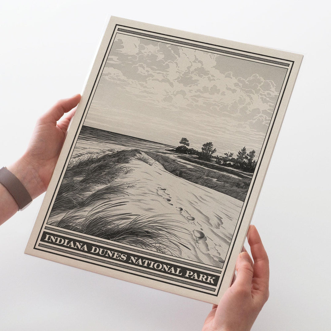 Indiana Dunes National Park Lithograph Style Print - Vintage Indiana archival matte fine art print. Portage Kemil Dunbar Central Beach Gift.