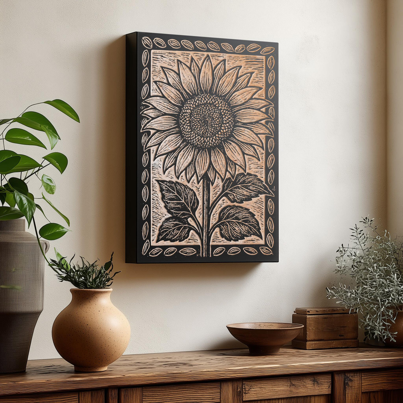Folk Art Sunflower Engraved Birch Illustration