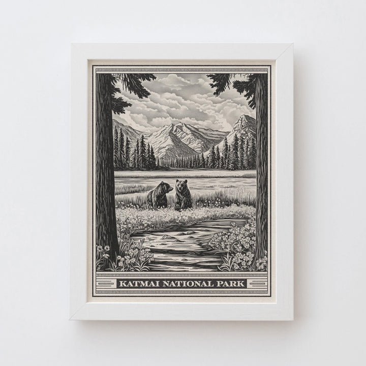 Katmai National Park Lithograph Style Print - Vintage Alaska archival matte fine art print. Valley of Ten Thousand Smokes. Brown Bears Gift