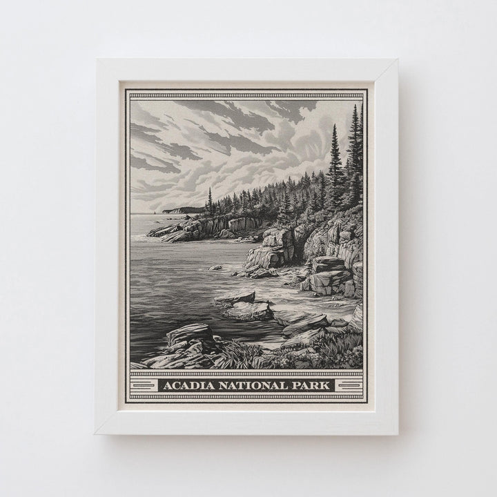 Acadia National Park Rocky Coast Lithograph Style Print - Vintage Maine New England archival matte fine art print. Mount Desert Island gift.