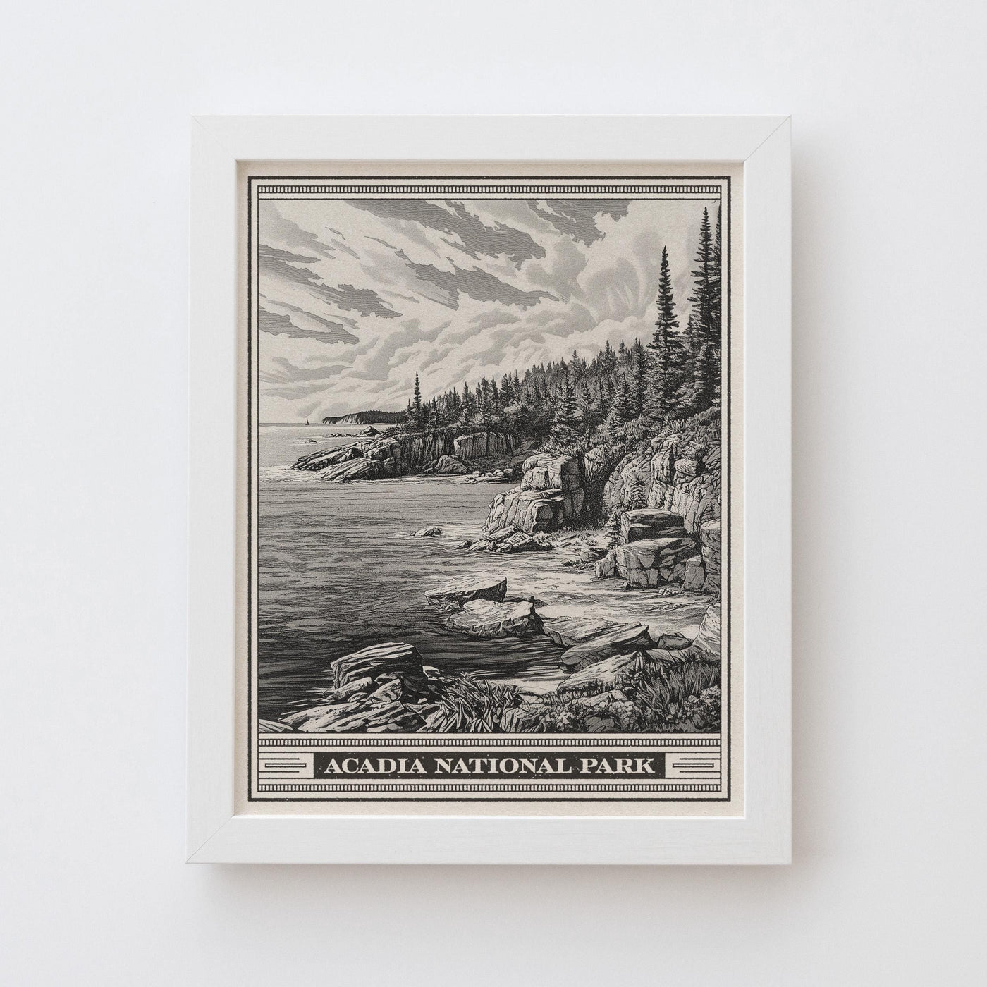 Acadia National Park Rocky Coast Lithograph Style Print - Vintage Maine New England archival matte fine art print. Mount Desert Island gift.