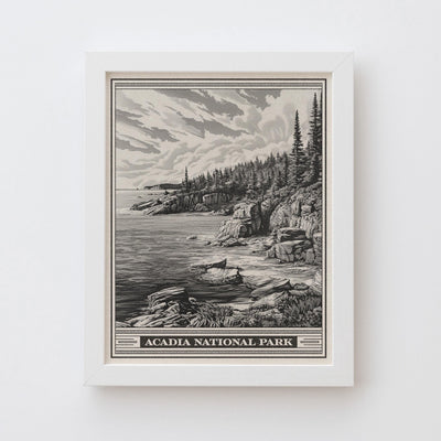 Acadia National Park Rocky Coast Lithograph Style Print - Vintage Maine New England archival matte fine art print. Mount Desert Island gift.