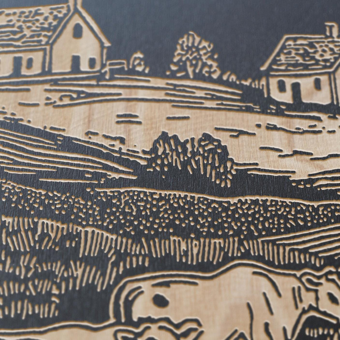 Cows on a Farm Engraved Illustration