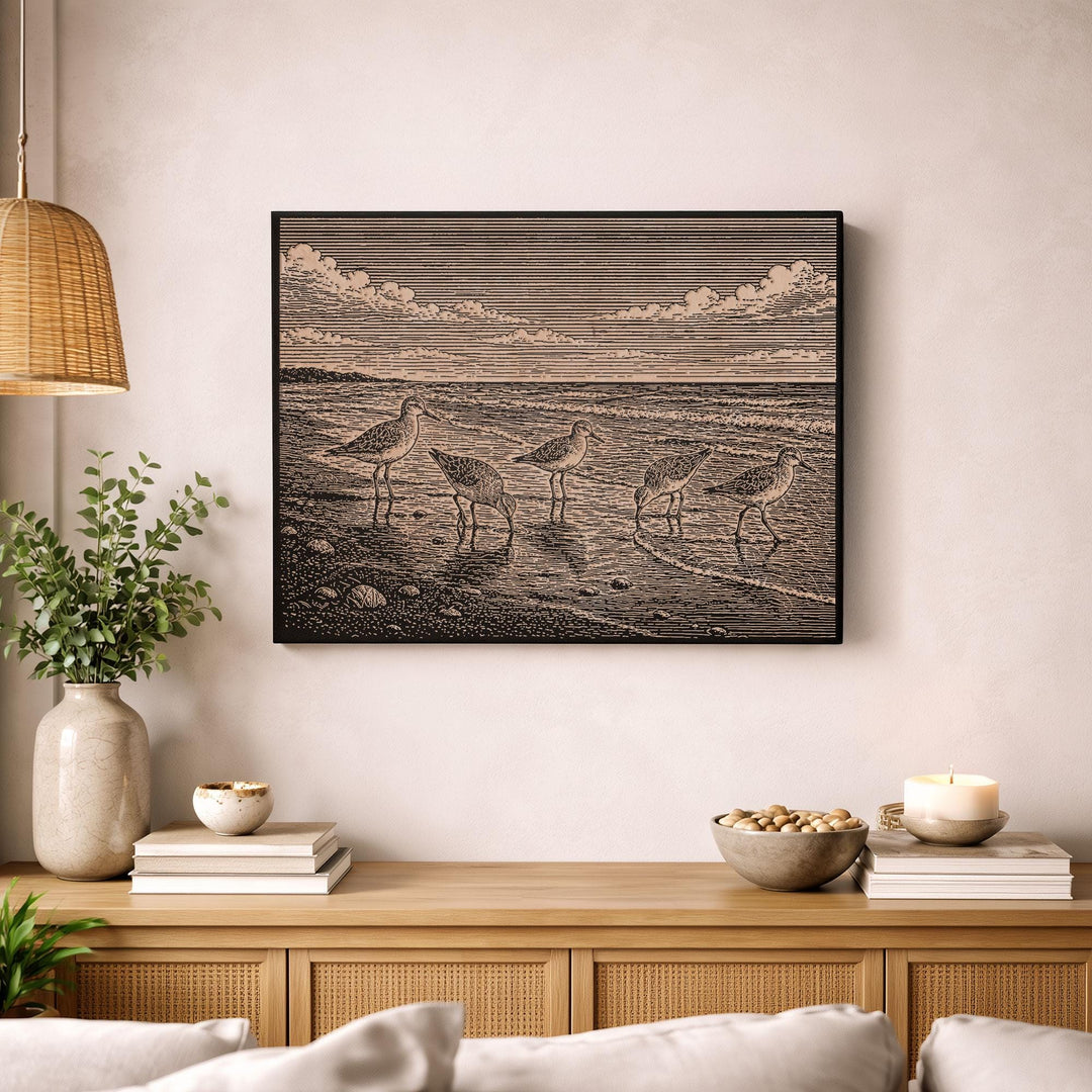 Shorebirds at the Waterline Engraved Birch Art Panel