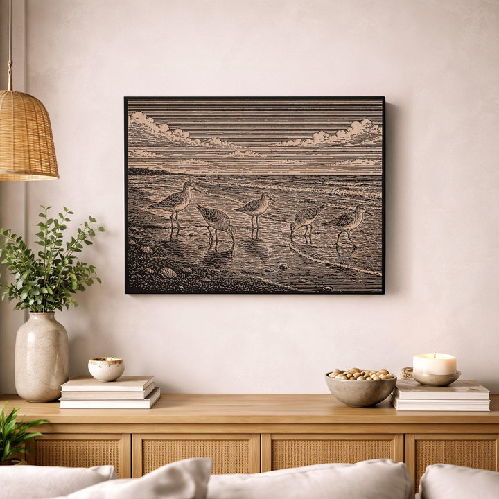 Shorebirds at the Waterline Engraved Birch Art Panel