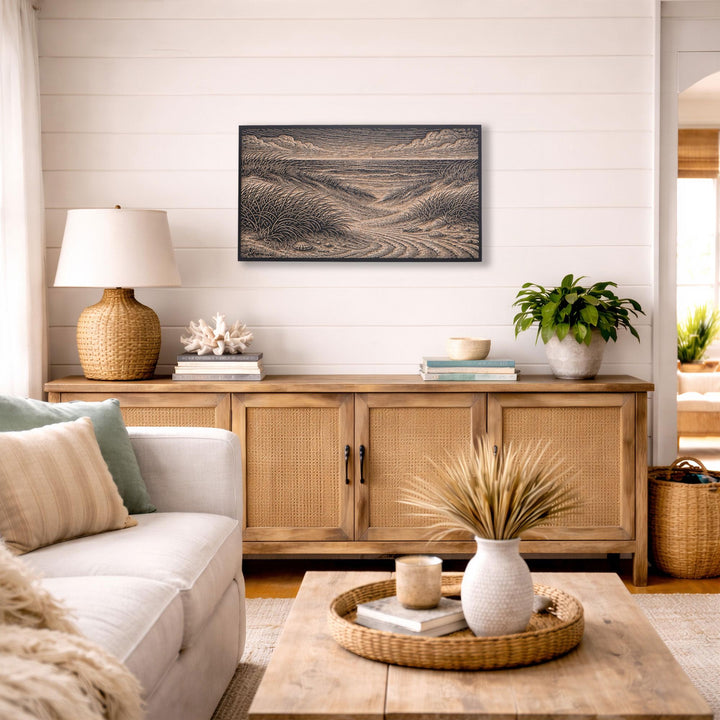 Serene Coastal Path with Beach Grass Engraved Birch Art Panel