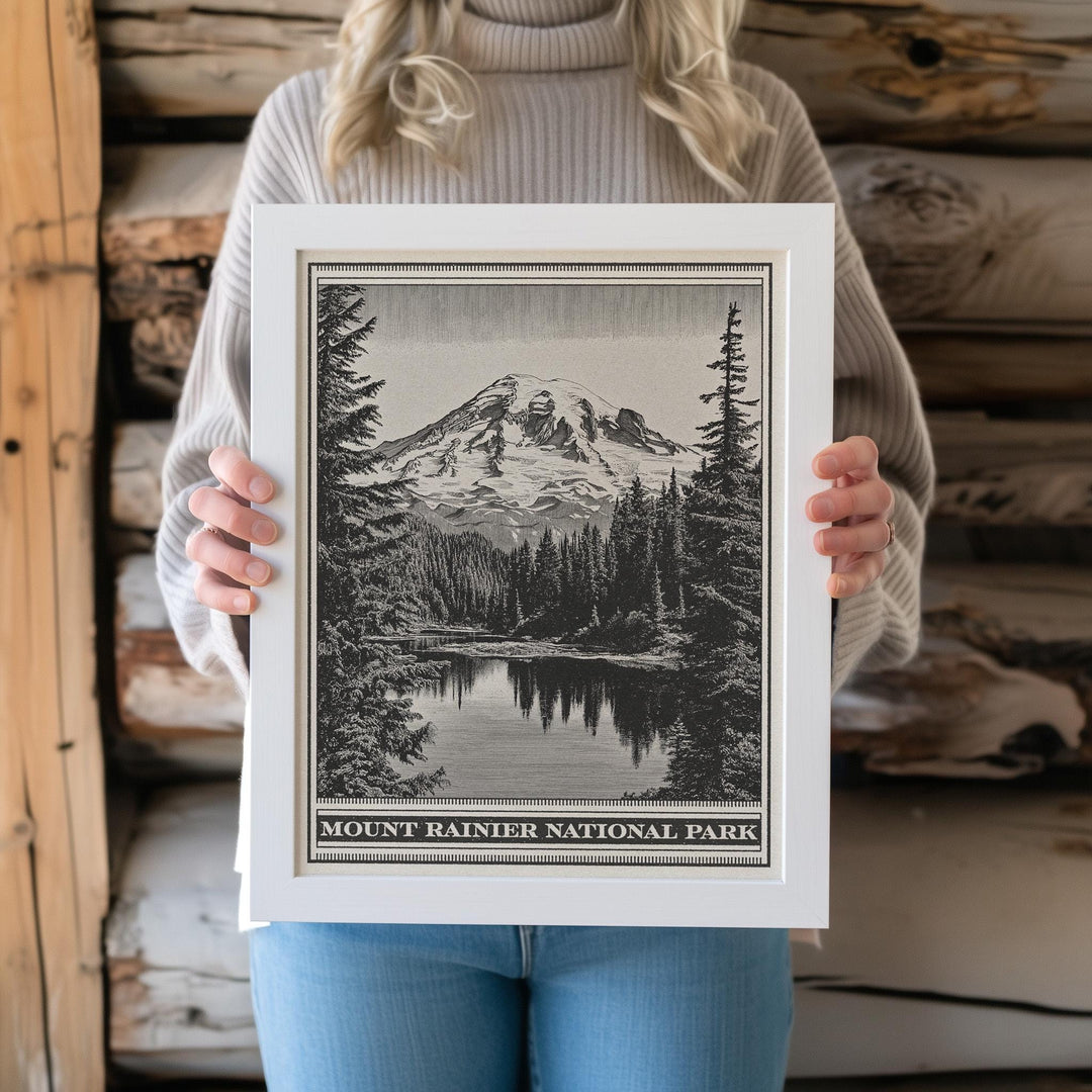 Mount Rainier National Park Lithograph Style Print - Vintage Washington archival matte fine art print. Cascade Range Reflection Lake Gift.