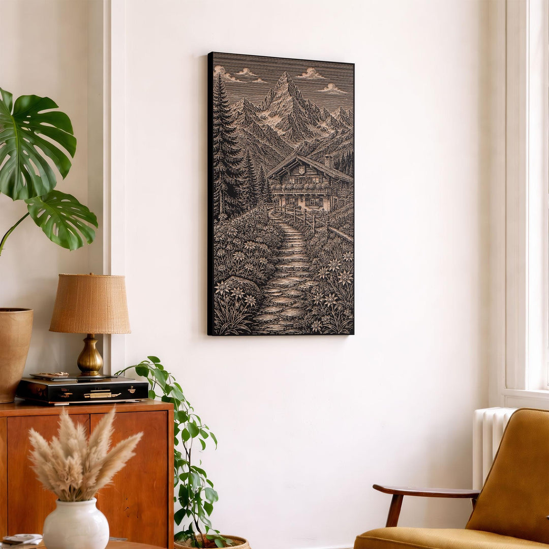 Swiss Alpine Chalet Engraved Birch Art Panel