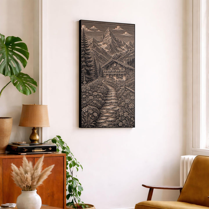 Swiss Alpine Chalet Engraved Birch Art Panel