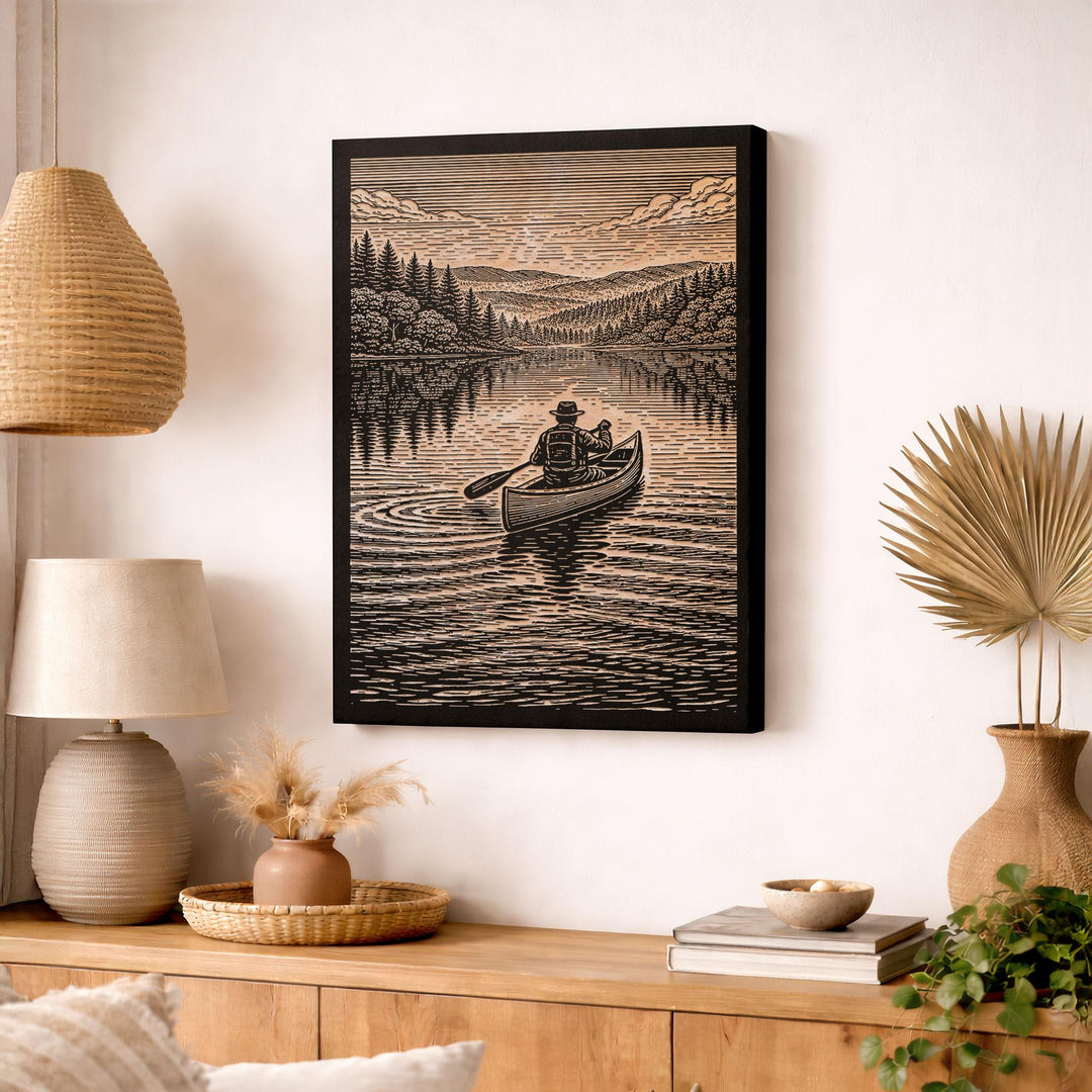 Canoe Paddling Through a Peaceful Forest Engraved Illustration