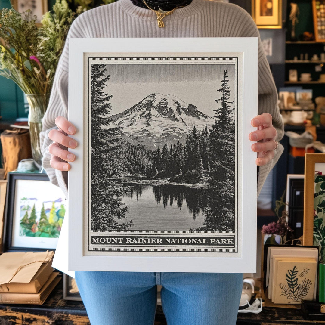 Mount Rainier National Park Lithograph Style Print - Vintage Washington archival matte fine art print. Cascade Range Reflection Lake Gift.