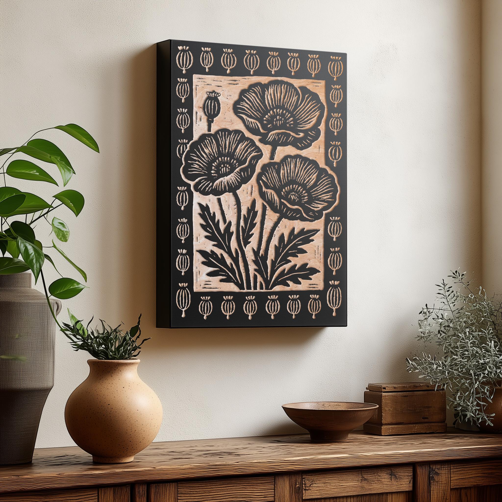 Engraved Poppy Flowers Birch Illustration: Botanical Nature-Inspired ...