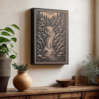 Forest Waterfall Engraved Birch Illustration
