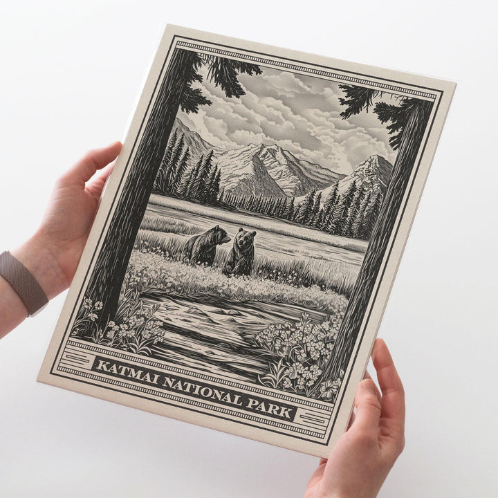 Katmai National Park Lithograph Style Print - Vintage Alaska archival matte fine art print. Valley of Ten Thousand Smokes. Brown Bears Gift