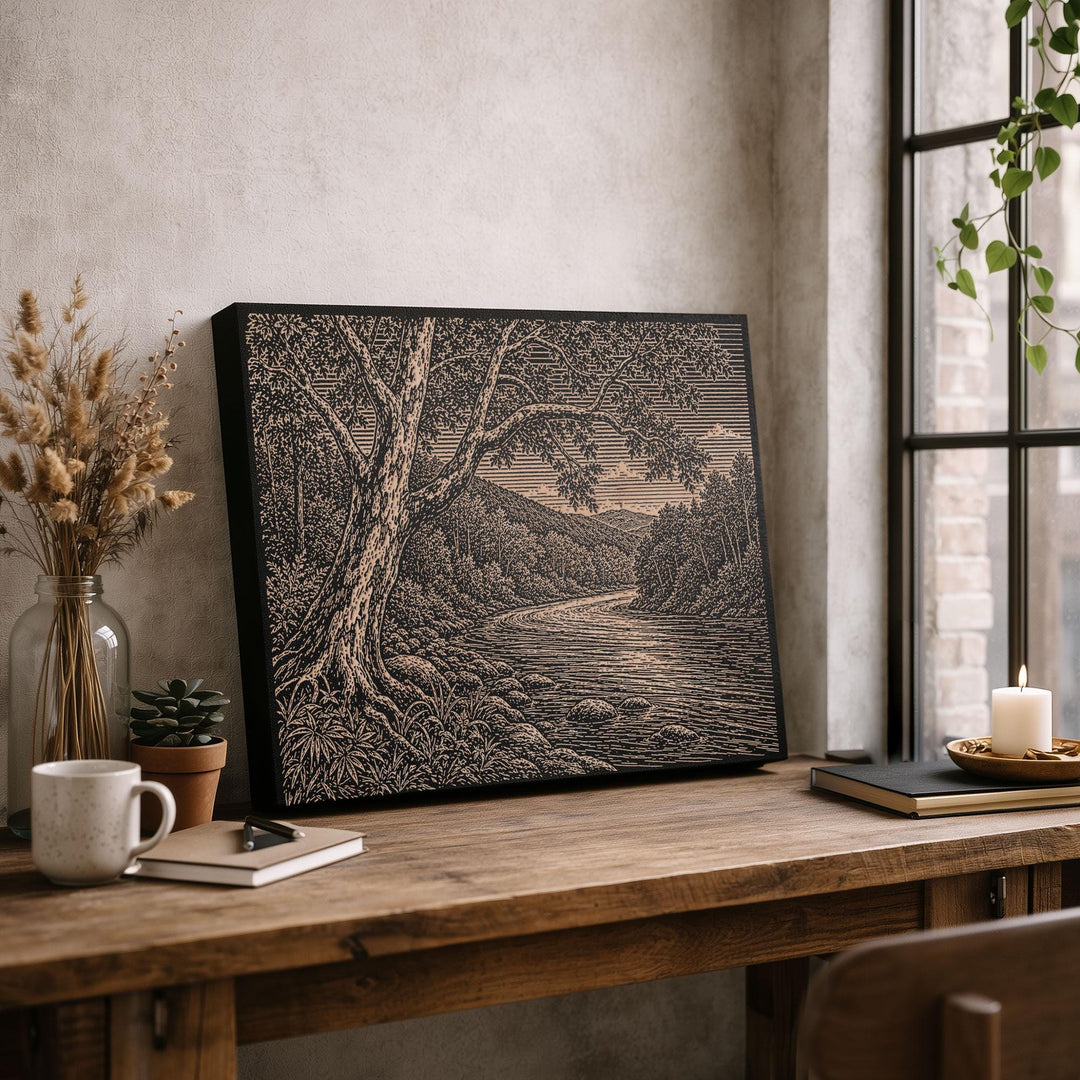 Sycamore River Bend Engraved Birch Art Panel