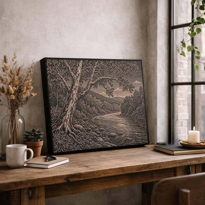 Sycamore River Bend Engraved Birch Art Panel