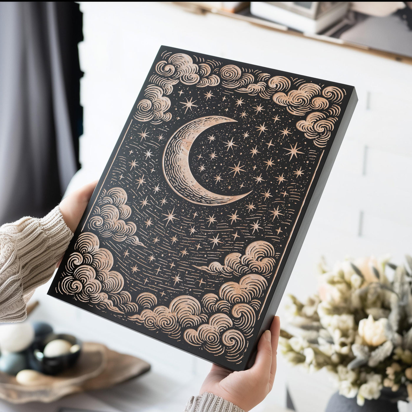 Celestial Moon & Stars Engraved Birch Illustration