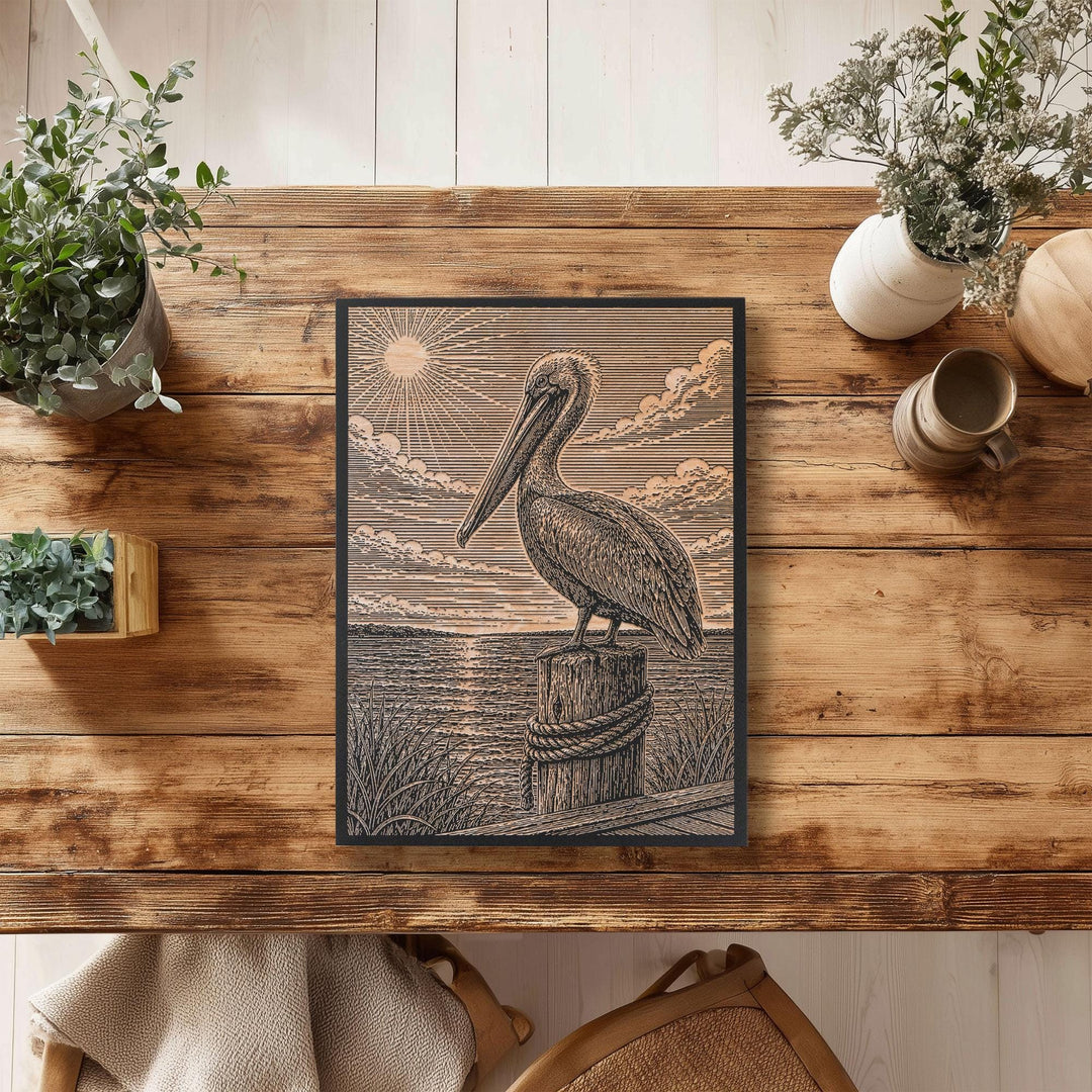 Pelican by the Seaside Dock Engraved Birch Art Panel