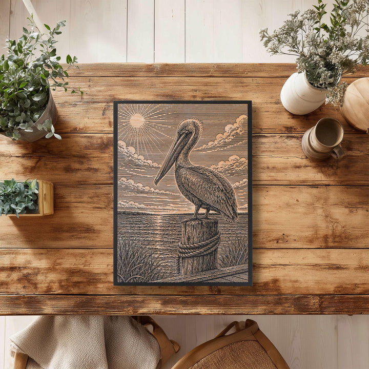 Pelican by the Seaside Dock Engraved Birch Art Panel