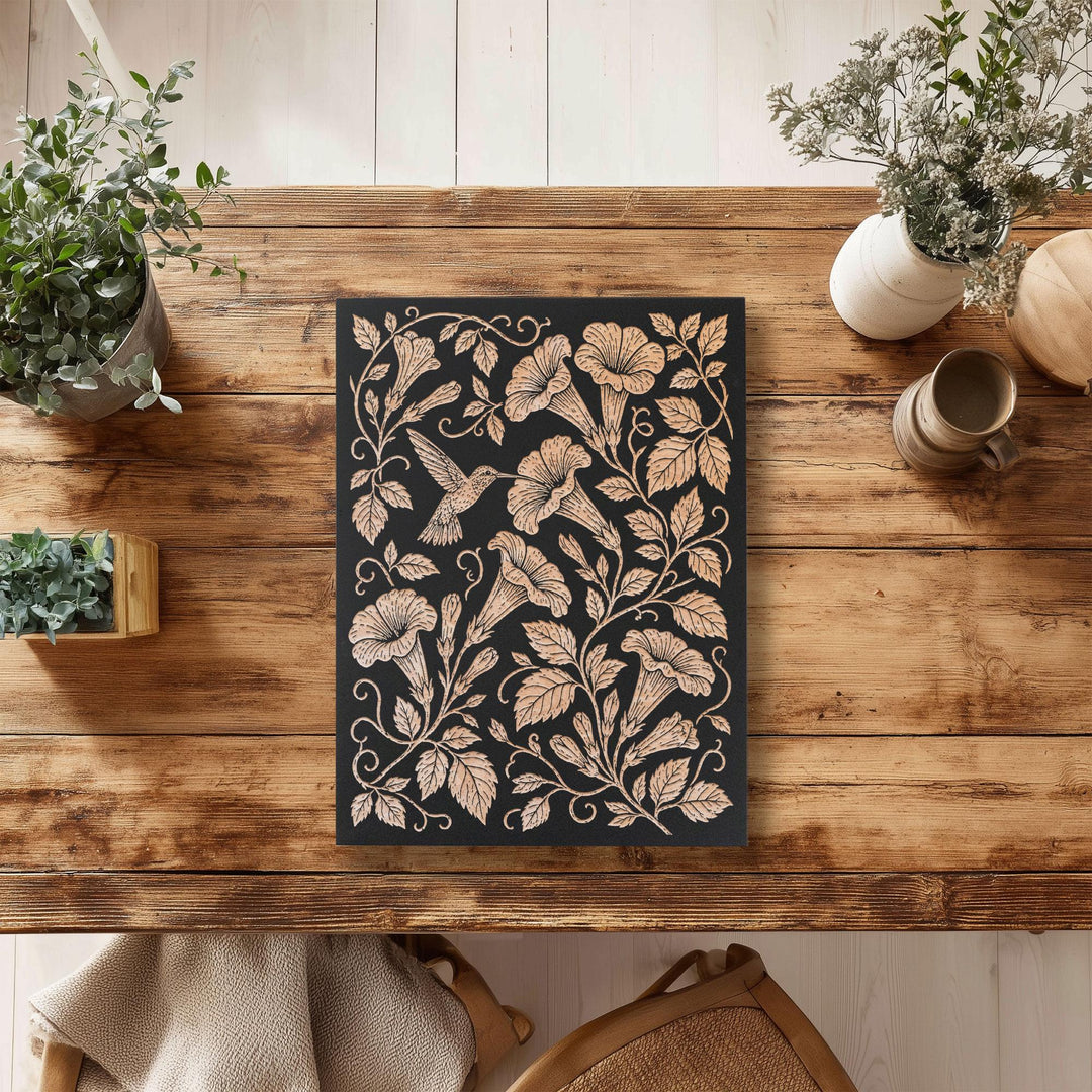 Hummingbird and Trumpet Vine Engraved Birch Art Panel