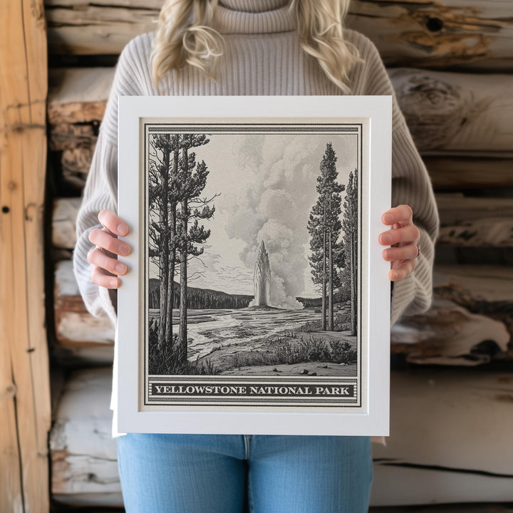 Yellowstone National Park Old Faithful Lithograph Style Print - Vintage Wyoming poster design, archival matte fine art print, Western Gift