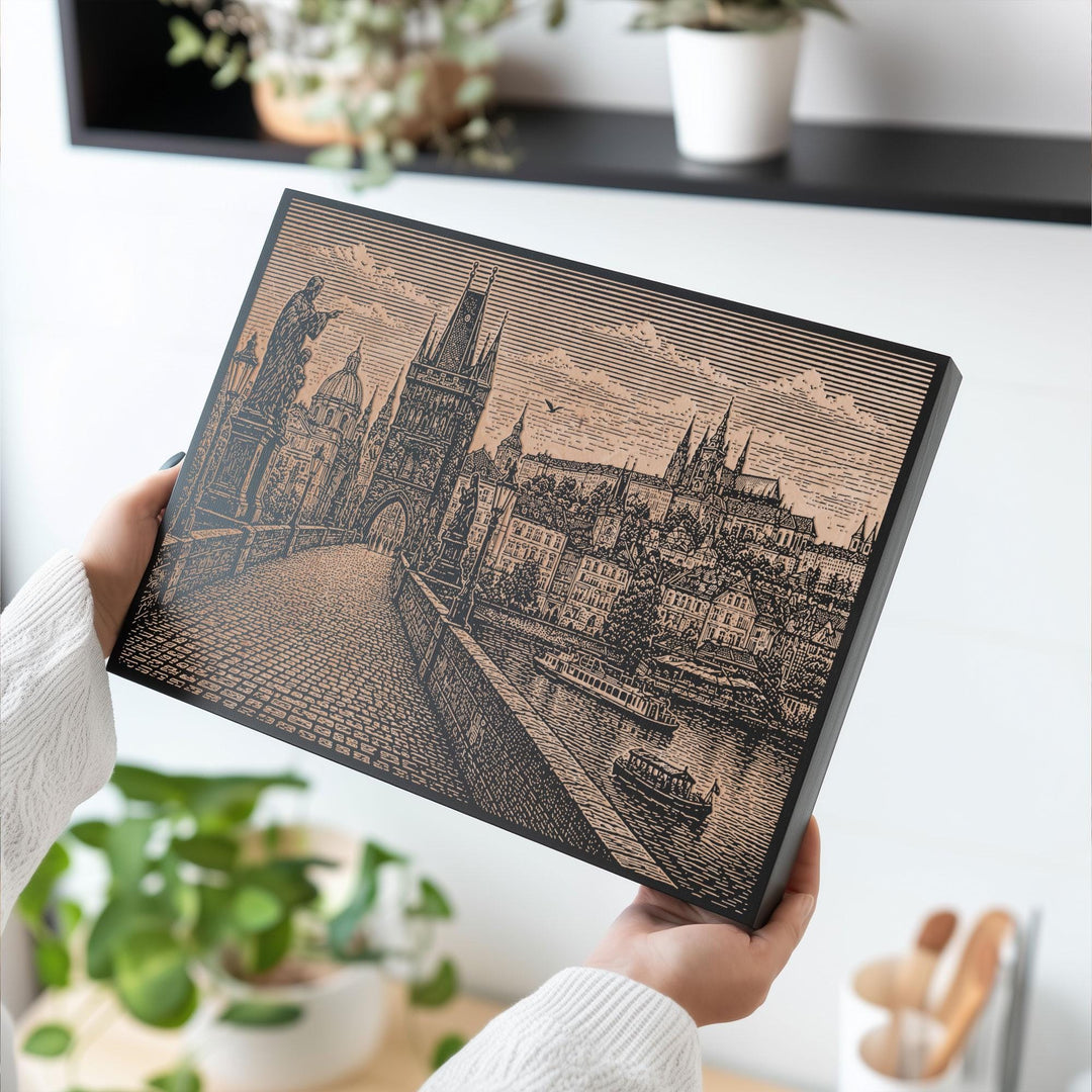 Prague Charles Bridge Engraved Birch Art Panel