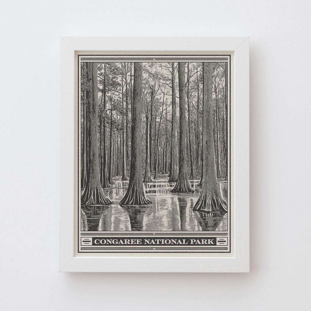 Congaree National Park Lithograph Style Print - Vintage South Carolina archival matte fine art print. Wateree Rivers. Southern State gift