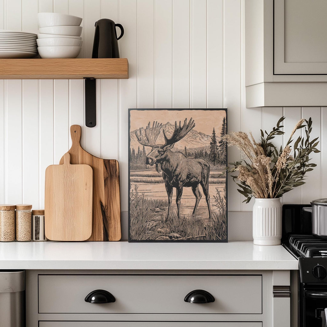 Moose in a Bog Engraved Illustration