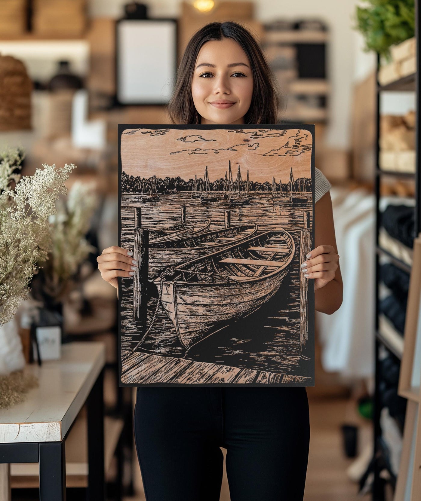 Wooden Row Boat in Marina Wall Art