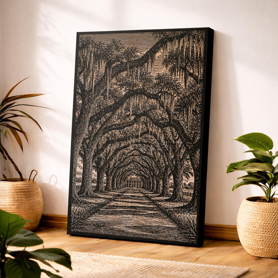 Live Oak Alley with Spanish Moss Engraved Birch Art Panel