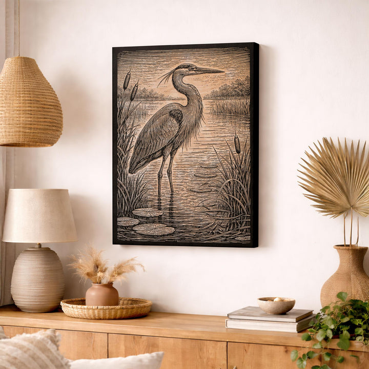 Marshland Great Blue Heron in Reeds Engraved Birch Art Panel
