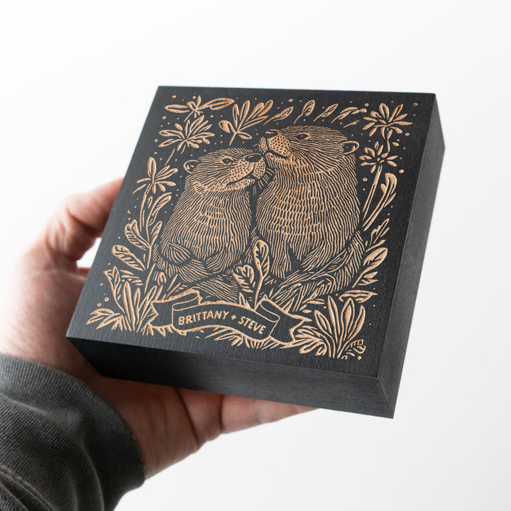 Custom Name Otter Couple Engraved Birch Wood Panel