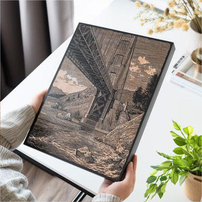 Golden Gate Bridge Scene Engraved Illustration
