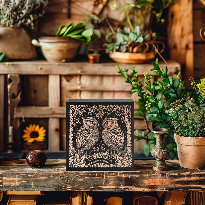 Custom Name Great Horned Owl Couple Engraved Birch Wood Panel