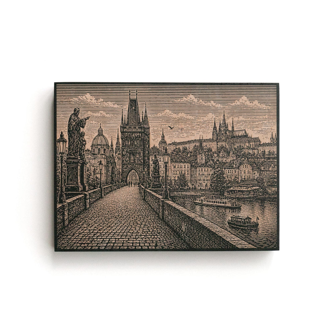 Prague Charles Bridge Engraved Birch Art Panel
