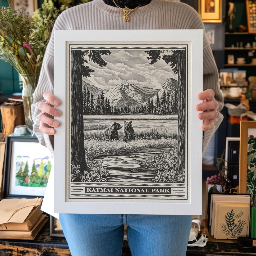 Katmai National Park Lithograph Style Print - Vintage Alaska archival matte fine art print. Valley of Ten Thousand Smokes. Brown Bears Gift