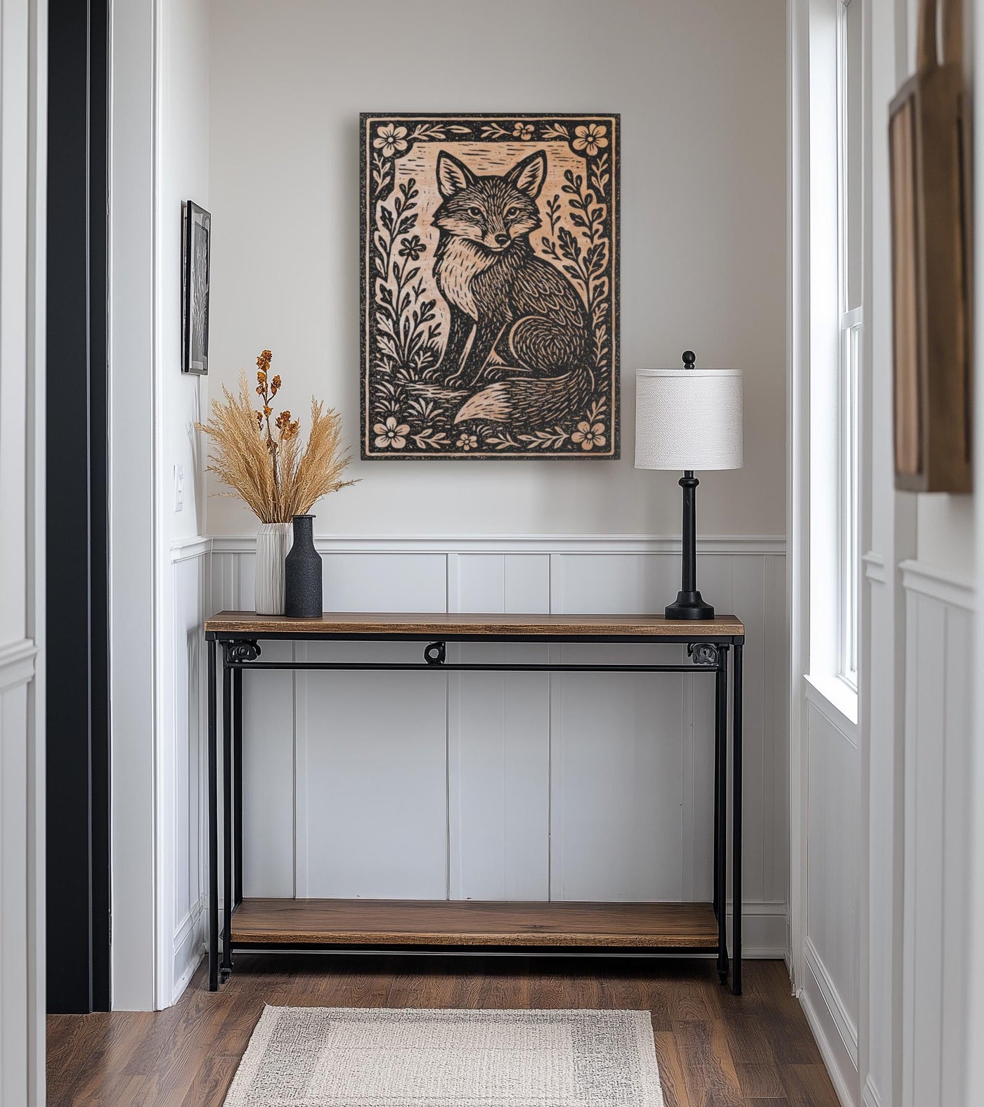 Fox in Wildflowers Engraved Birch Illustration