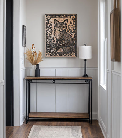 Fox in Wildflowers Engraved Birch Illustration