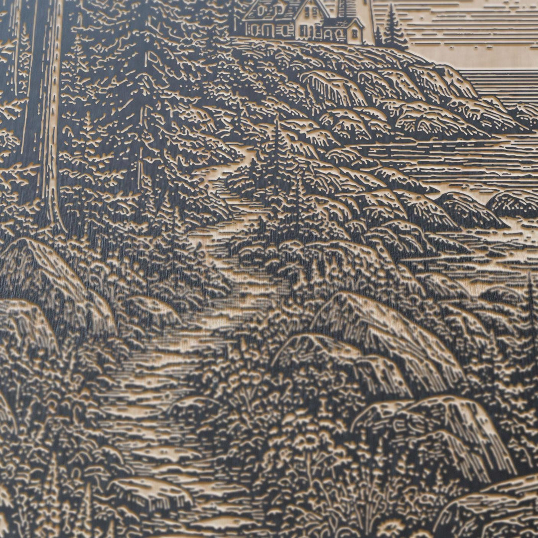 Maine Coastal Path to Lighthouse Engraved Birch Art Panel